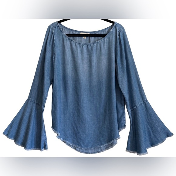 CLOTH & STONE 100% Tencel Lightweight Denim Flounce Sleeve Frayed Hem Top Size L - Picture 5 of 8